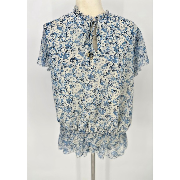 Lauren Ralph Lauren White Blue Floral Blouse Top Elastic Waist Cottagecore Large - Picture 1 of 11